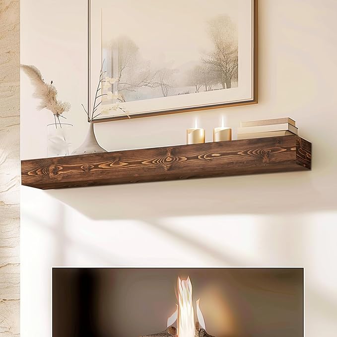 48x8x5 Fireplace Mantel - Handcrafted Hollow Rustic Solid Wood Wall Mounted Floating Shelf with Invisible Heavy Duty Wood Bracket (Weathered Brown)