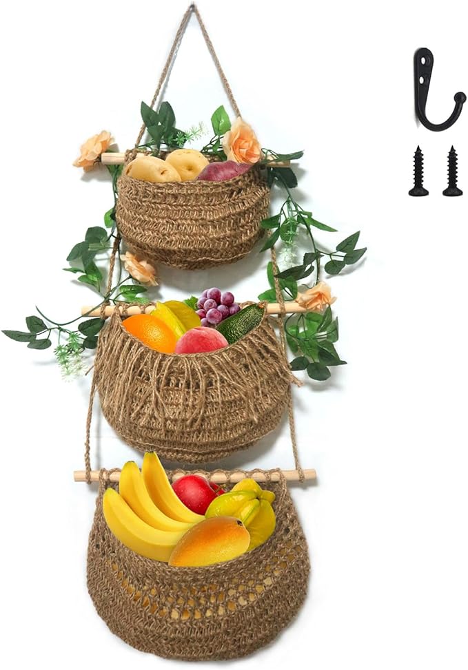 Hanging Fruit Baskets for Kitchen 3-Tier Handmade Bohemian Wall Baskets for Organizing & Decorating Living Room Bedroom Wall Hanging Basket for Onion Storage & Fruit Storage