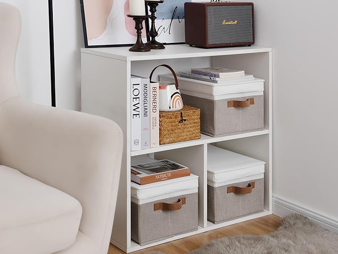 StorageWorks Large Storage Bins with Lids, Decorative Storage Boxes with Lid and PU Handles, Foldable Storage Baskets for Closet, Shelves, Stackable, Brown and White, 3-Pack