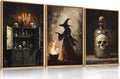 HPNIUB Halloween Witch Framed Canvas Wall Art Set, Terrifying Skeleton Poster Artwork, Vintage Halloween Wall Decor, Dark Academia Gothic Pictures for Bedroom Living Room Bathroom Party-16 x24 x3