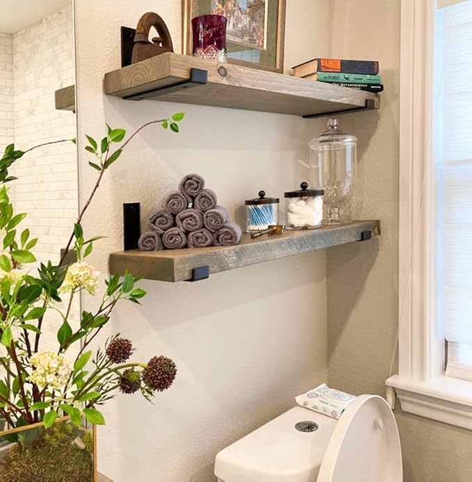 Rustic Shelves with J-Brackets Set of 2, Industrial Shelf, Kitchen Shelves, Solid Wood, Decorative Wall Storage, Heavy Duty, (Grey, 48Wx6D)