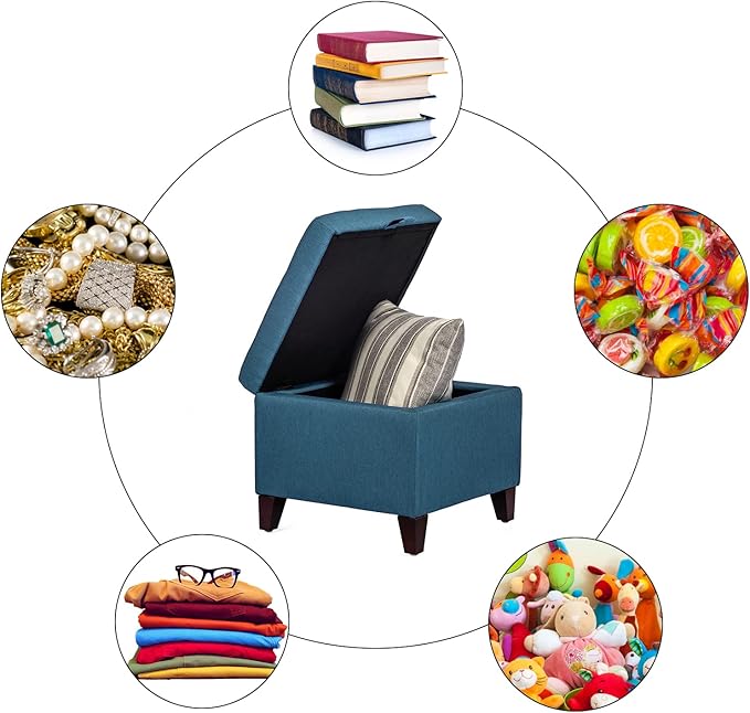 Adeco Square Fabric Storage Ottoman with Tufted Flip Top, 18x18x15