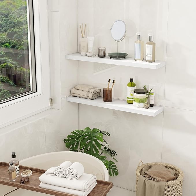 Fun Memories Floating Shelves for Wall, 30" Rustic Wood Deep Wall Mounted Shelves with Invisible Brackets for Decor & Storage, Floating Shelf for Living Room, Bathroom (White, Set of 2)