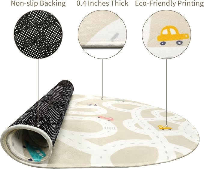STARUIA Large Kids Rug for Playroom, 4'x6' Washable Road Rug for Nursery, Non-Slip Car Rugs for Boys Room, Tan Traffic Classroom Rugs Soft Baby Play Mat for Dorm Toy Room Tent
