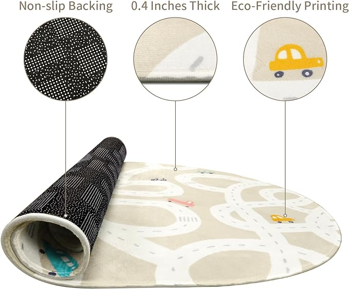 STARUIA Small Kids Rug for Kids Room, 3'x5' Washable Road Rug for Baby Nursery, Non-Slip Car Rugs for Playroom, Tan Traffic Play Mat Soft Fun Rugs for Boys Girls Dorm Toy Room Tent