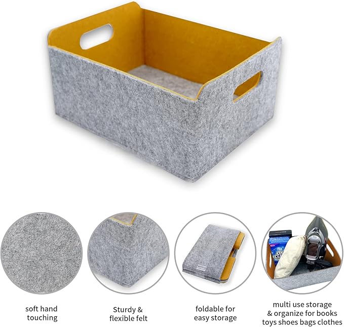 Welaxy Storage Baskets Collapsible Felt Storage bin Foldable Shelf Drawers Organizers for Kids Pet Toys magazine Books Clothes Closet Cabinet decluttering (Curry x 3)