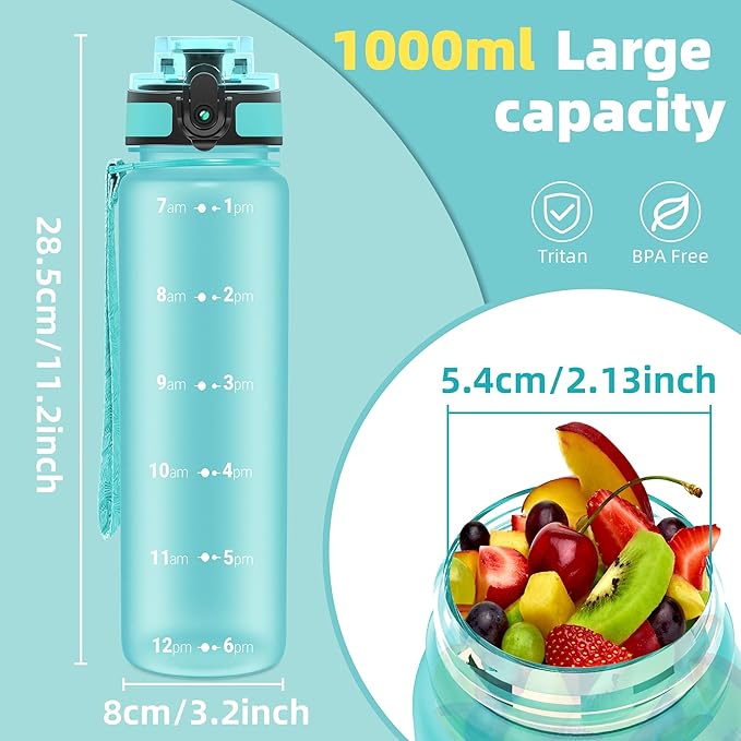 OLDLEY 32 oz Water Bottle, Motivational Water Bottle with Time Marker, Sports Water Bottle With Strap, Leakproof & BPA Free Large Water Bottles for School, Gym, Travel, Outdoor, Tritan,Green