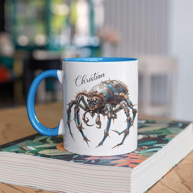 Personalized Steampunk Insect Mug, Customizable Name Mechanical Character Coffee Cup 11oz, Unique Cyberpunk Design Ceramic Mug, Customized White Cup Gift For Sci-Fi Enthusiasts