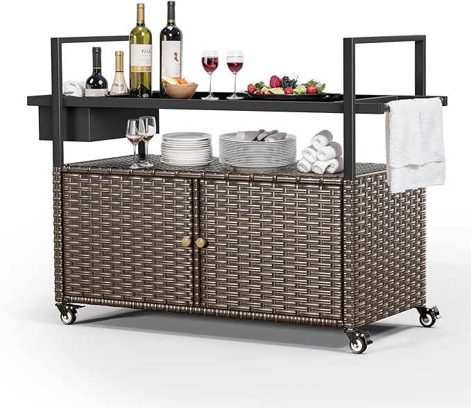 Outdoor Bar Cart with Storage Cabinet, Outdoor Grill Cart with Wheels, Rattan Bar Cart with Tempered Glass Tabletop, Outdoor Buffet Cabinet Table Cart for Mini Bar, BBQ, Food Serving, Brown Wicker