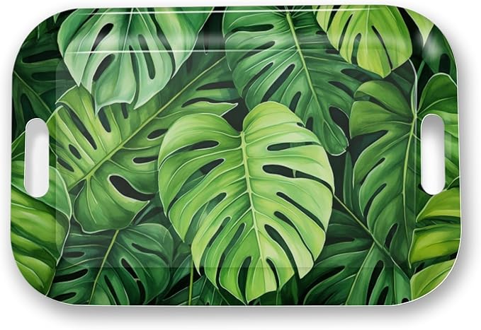 Serving Trays with Handles, 14.5 x 9.8 inch Rectangular Plastic Tray for Restaurant, Kitchen, Tropical Leaf Pattern Monstera in The Style