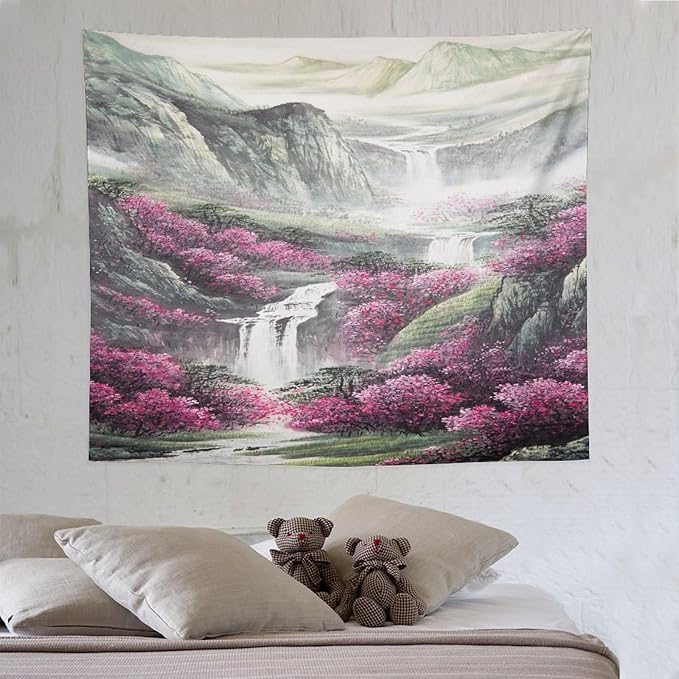 Japanese Tapestry, Red Plum Blossom Mountain Tapestry, Asian Japanese Wall Tapestry, Nature Landscape Tapestries for Bedroom Living Room Decor 60"x50"