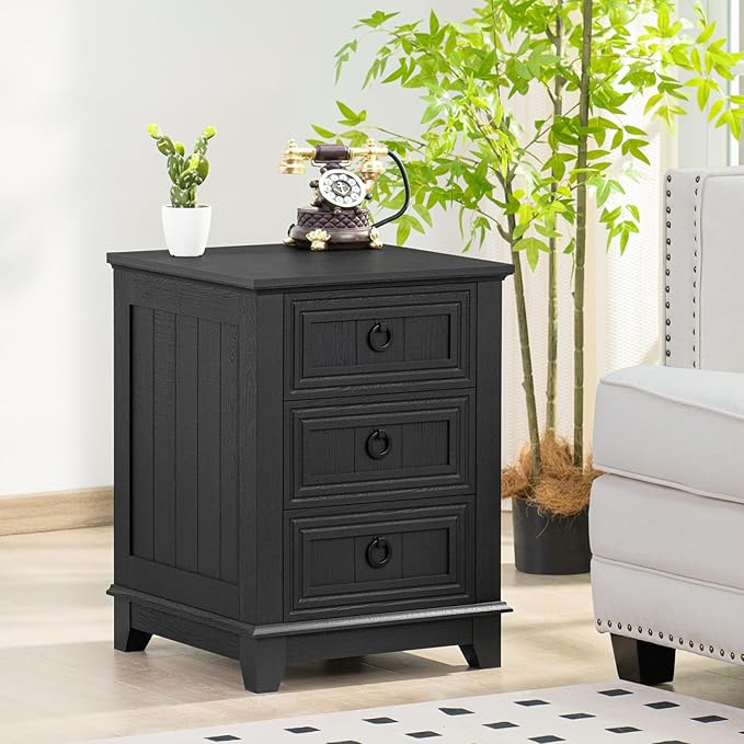 18" Farmhouse Night Stand with 3 Drawers, Wood End Table Dresser for Bedroom, Black Nightstand, Bed Side Table with Metal Handle, Bedside Cabinet for Bedroom Living Room, Closet