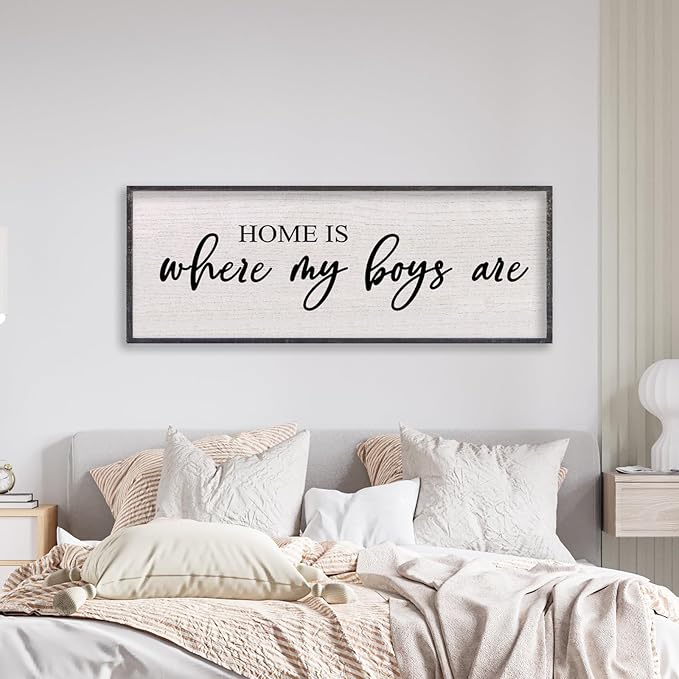 Home Is Where My Boys Are Wall Decor 32"×12" mom and her boys Sign for boys room Playroom Large Wood Framed Wall Hanging Art (Black)