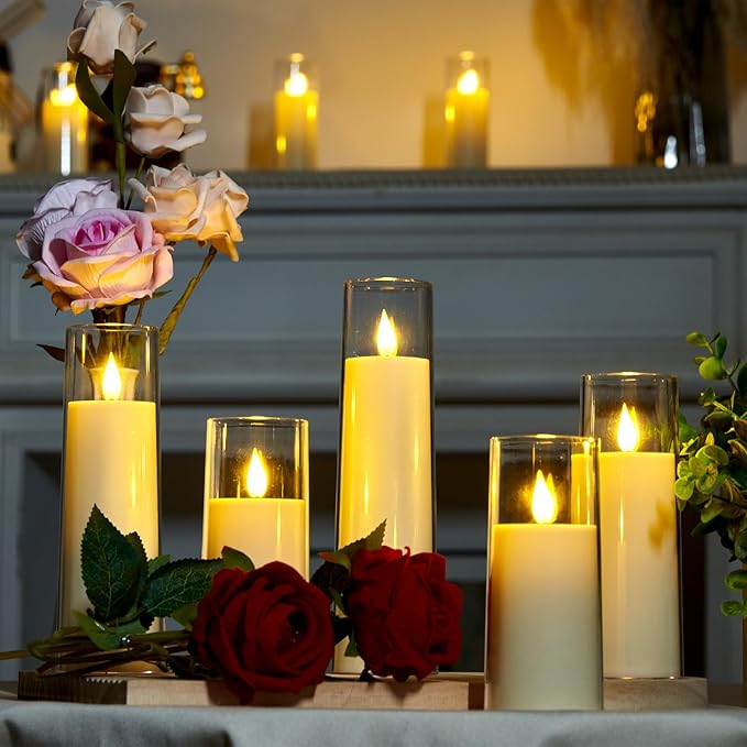 Amagic Ivory Flameless Candles with Remote, Battery Operated Candles with Timer, Acrylic Plexiglass Flickering LED Fake Candle for Wedding, Holiday, Home Decor, Set of 9, D2.2 x H5 6" 7"