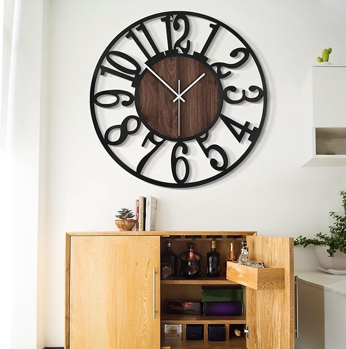 LEIKE 30" Oversized Large Wall Clocks,Silent,Non Ticking,Battery Operated Modern Round Big Wood Decorative Metal Wall Clock for Living Room, Bedroom,Kitchen,Farmhouse,Office Decor - Black,30 Inch