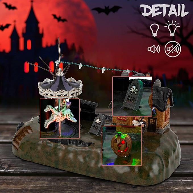 Animated Halloween Carousel Village House, LED Spooky Festival Display Collection Battery Operate, Indoor Use only