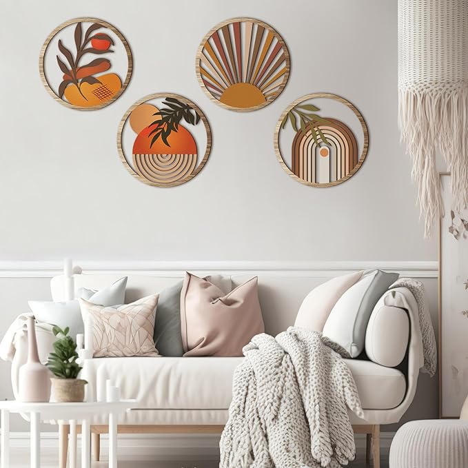 Qunclay 4 Pieces Boho Wall Art Wooden Bohemian Wall Decor Hanging Art Nursery Decor Farmhouse Geometric Hanging 10 Inch Aesthetic Wood Minimalist for Apartment Bedroom(Stylish)