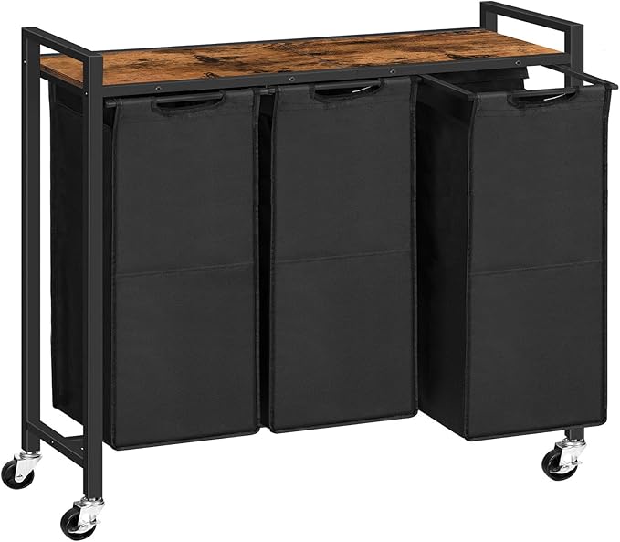 HOOBRO Laundry Sorter 3 Section, Laundry Hamper with Wheels, 3 × 11.5 Gal (43.5 L), Rolling Laundry Basket, Pull-Out and Removable Oxford Fabric Laundry Bags, Rustic Brown and Black BF76XY01