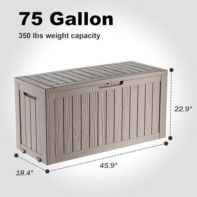 Vixzen 75 Gallon Resin Deck Box with wheels,Lockable Outdoor Storage Box for Patio Cushions Storage Furniture,Garden Tools,Weatherproof and UV Resistant- Grey