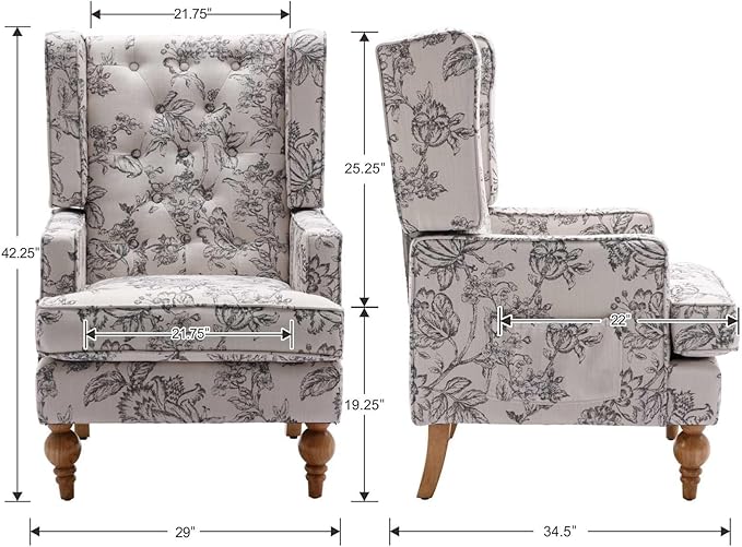 DUOMAY Tufted Accent Chair Set of 2, Modern Linen Upholstered Wingback Side Arm Chair for Living Room Bedroom with Wood Legs, Comfy Reading Guest Chair for Office, Beige Flower Pattern
