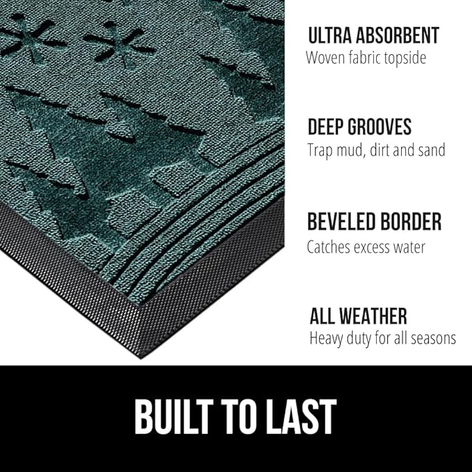 GORILLA GRIP 100% Waterproof All-Season WeatherMax Doormat, 47x35, US Designed Natural Rubber, Stain and Fade Resistant, Low Profile Indoor Outdoor Door Mats, Easy Clean Patio Mat, Green Snowscape