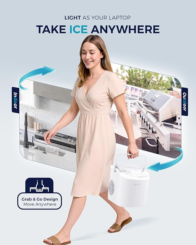 EUHOMY Countertop Ice Maker Machine with Handle, 26lbs Per Day, 9 Ice Cubes Ready in 6 Mins, Auto-Cleaning Portable Ice Maker with Basket and Scoop, for Home/Kitchen/Camping/RV (White)