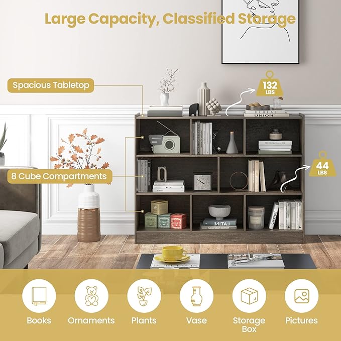 Tangkula 8-Cube Bookcase, Wood 3 Tier Open Storage Bookshelf, Modern Multipurpose Display Cabinet for Living Room, Study, Reading Nook, 48 x 12.5 x 36.5 Inch, Grey