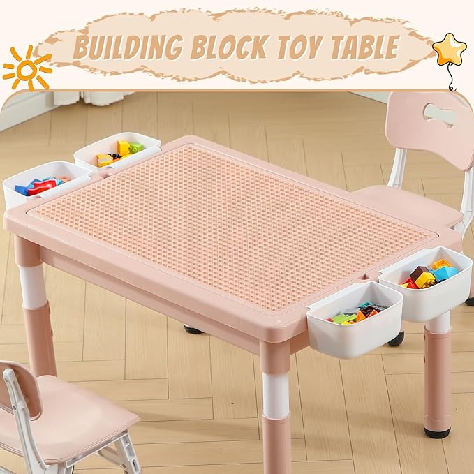 Multi Functional Kids Table and 2 Chairs Set, Graffiti & Building Blocks Double-Sided Tabletop, Toddler Play Table with Drawers, Large Storage Space, Gift for Boys/Girls, Pink