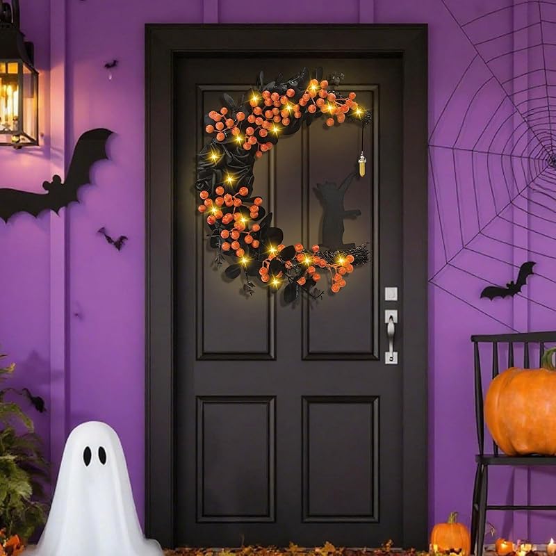 Halloween Wreaths for Front Door with Light, Black Cat Crescent Moon Wreath, Cute Cat Garland Halloween Door Decorations for Outdoor Indoor Decor Wall Window Home Party