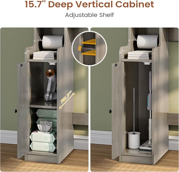 Itaar Over The Toilet Storage Cabinet, Over Toilet Bathroom Organizer with Glass Doors & Toilet Paper Holder Stand, Home Space-Saving Toilet Rack, for Bathroom, Restroom, Laundry, Grey