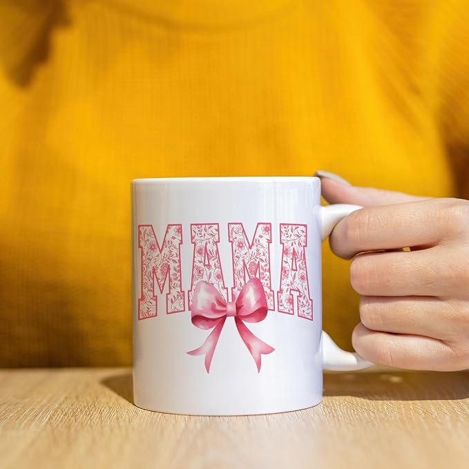 JINYO Coquette Pink Bow Floral Mama Mug, Mama Coffee Cup, Mother's Day Mugs Cups for Mom, Mom Birthday Gifts from Daughter Son, Ceramic Coffee Tea Mug 11 oz