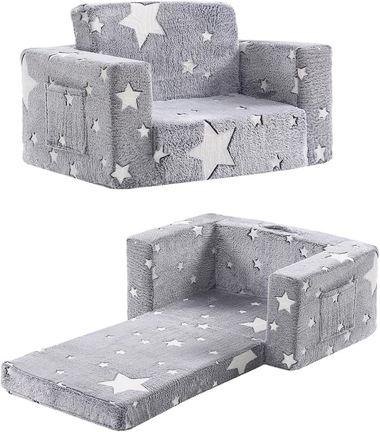 Toddler Chair Plush Kids Couch, 2-in-1 Comfy Armchair Removable and Washable Cover Carrying Handle, Convertible Reading Chair Toddler Couch for Girls and Boys, Glow in The Dark Grey Star