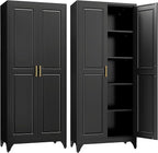 Kitchen Pantry Cabinet,75”Black Metal Storage Cabinets with Doors and 4 Adjustable Shelves,Kitchen Cabinet with 2 Gold Handles,Tall Cabinet for Livingroom, Bathroom