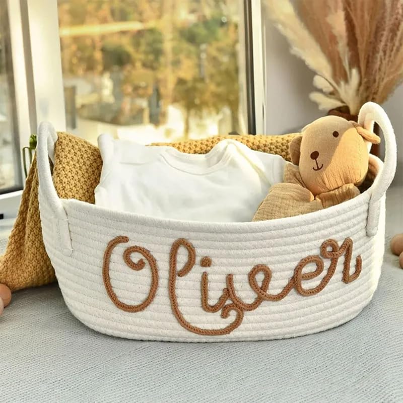 Personalized Baby Name Basket, Custom Woven Baby Shower Gift Basket with Cotton Rope Handle Baby Diaper Nursery Shelf Storage Basket Bin for Kids' Bedroom (Style 4)