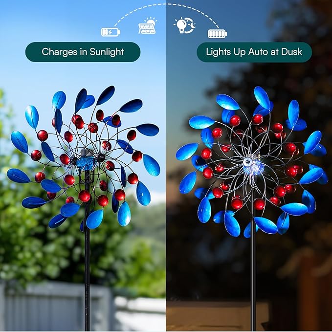 Solar Wind Spinners Outdoor, Colorful Large Garden Wind Spinners with Stake, Lawn Decor Windmill for Yard, Patio, Backyard (24'' W x 88'' H)