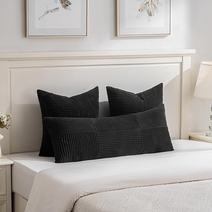 Fancy Homi 2 Packs Black Big Decorative Throw Pillow Covers 24x24 Inch for Couch Bed Sofa, Rustic Farmhouse Boho Home Decor, Soft Corss Corduroy Patchwork Accent Square Cushion Case 60x60 cm