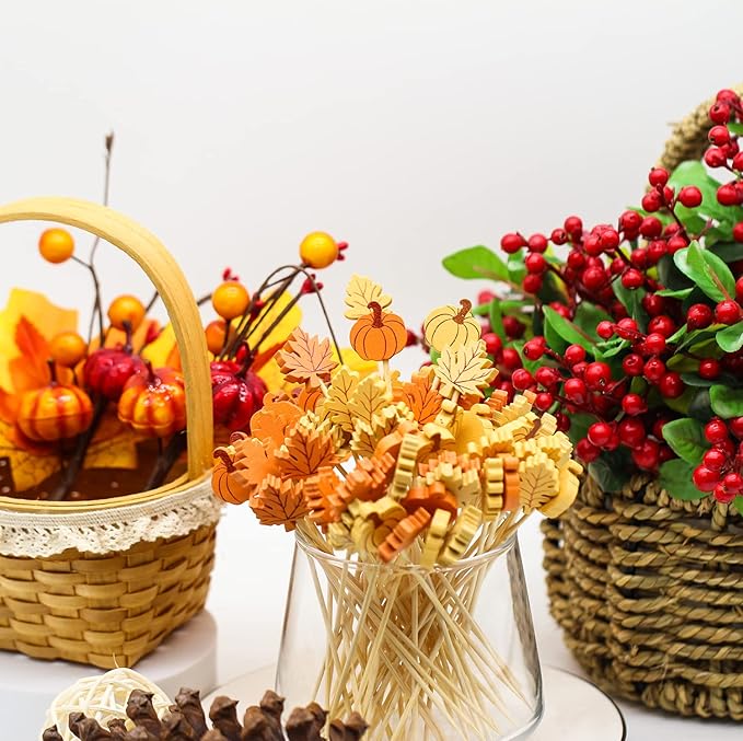 Fall Cocktail Picks Pumpkin Maple Leaf Assorted Autumn Theme Toothpicks Fruit Drinks Dessert Sticks Food Sandwich Appetizer Charcuterie Skewers, for Thanksgiving Decorations Party Supplies (200)