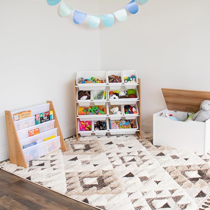 Humble Crew Kids Toy Storage Organizer with 12 Plastic Bins, Natural Wood/White – Removable Bins for Playroom, Bedroom, Toddler Furniture for Boys and Girls Ages