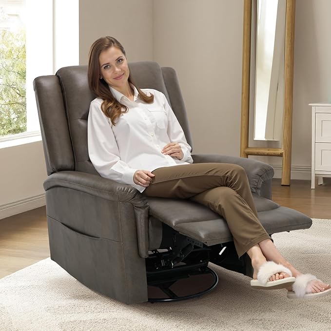 COLAMY Oversized Leather Recliner Chair, 360°Swivel Rocking Manual Recliner with Thick Cushioned Padding Backrest and Wide Seat - Lightbrown