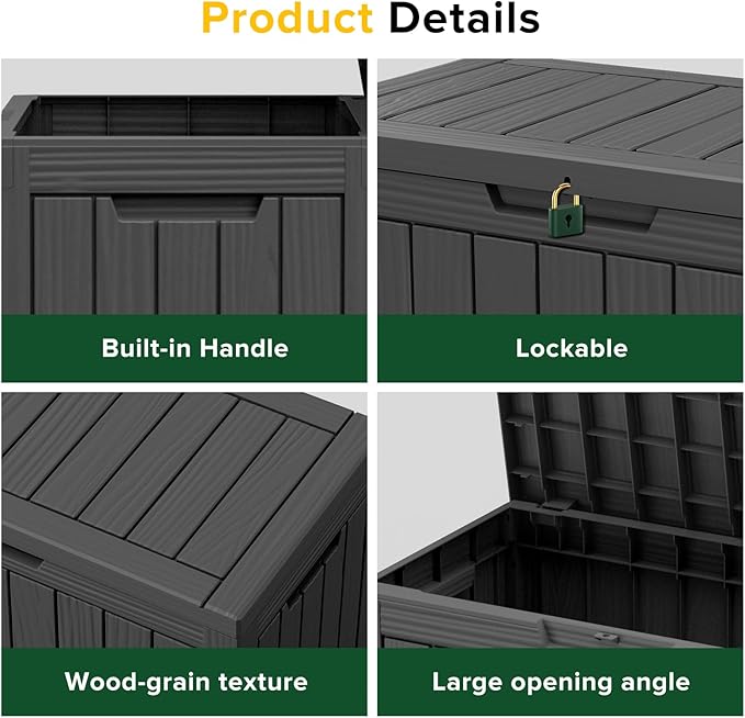 45 Gallon Resin Deck Box, Waterproof Outdoor Storage Bin for Patio, Poolside, and Garden, Lockable & UV-Resistant, Ideal for Small Spaces, Black