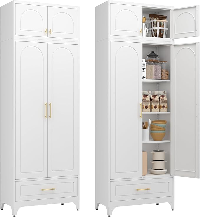Kitchen Cabinet, 90" Tall Metal Pantry Cabinet, Freestanding Cupboards with One Drawer, Food Storage Cabinets for Dining, Living Room, White, 16" D x 32" W x 90" H, Assembly Required