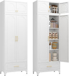 Kitchen Cabinet, 90" Tall Metal Pantry Cabinet, Freestanding Cupboards with One Drawer, Food Storage Cabinets for Dining, Living Room, White, 16" D x 32" W x 90" H, Assembly Required