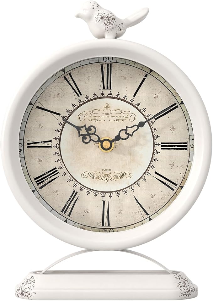Vintage Table Clock with Bird, European Antique Style White Mantel Clocks, Desk and Shelf Decor Clock, for Farmhouse, Bedside, Living Room, Bedroom, Gift (9" H x 6.5" W)