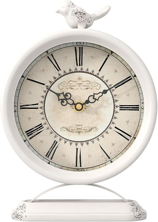 Vintage Table Clock with Bird, European Antique Style White Mantel Clocks, Desk and Shelf Decor Clock, for Farmhouse, Bedside, Living Room, Bedroom, Gift (9" H x 6.5" W)