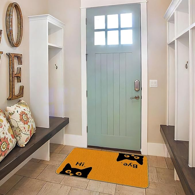 Mingnei Hi Bye Cat Welcome Doormat - Funny Black Cat Lover Floor Mat for Home, Kitchen, Entrance - Indoor/Outdoor Entryway Rug 30x17 (Orange)