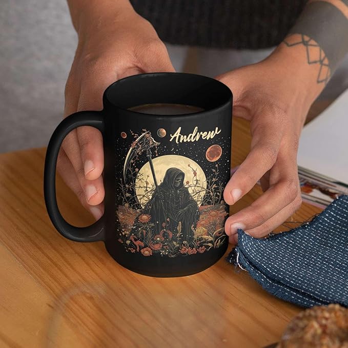 Custom Name Coffee Mug, Halloween Inspired Ceramic Cup 11oz 15oz, Personalized Spooky Reaper Coffee Cup, Halloween Character White Mug with Moon and Floral, Gifts for Men, Women