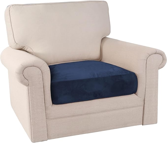 PrinceDeco Stretch Velvet Couch Cushion Cover,Soft Fitted Cushion Slipcover for Arm Chair Sofa Cushion Furniture Protector Seat Cushion Sofa Cover Width Up to 29.5", Navy