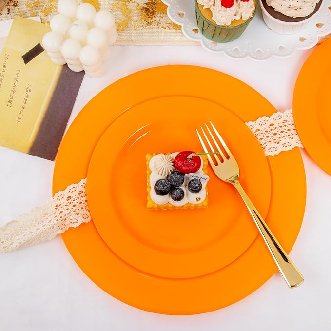 FLOWERCAT 60PCS Orange Plates - Heavy Duty Orange Plastic Plates Disposable for Halloween & Thanksgiving Party - Serve 30 Guests 10.25inch and 7.5inch