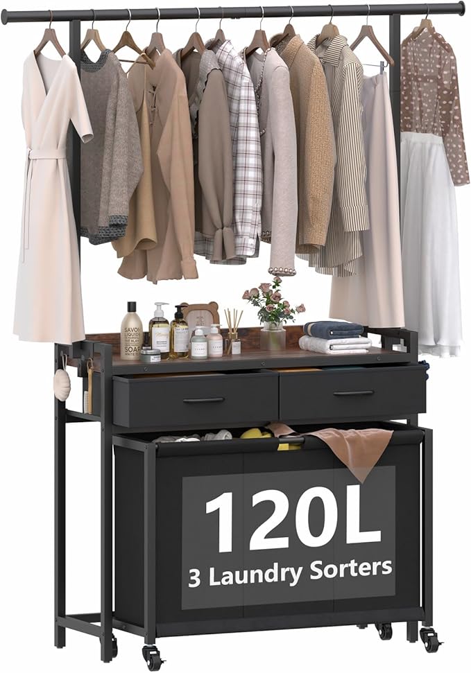Laundry Sorter Hamper with Hanging Cloth Rack, Laundry Basket with 3 Section Pull-Out Rolling Bags, Laundry Sorter for Organization and Storage with 2 Drawers for Laundry Room (Vinatge Brown)