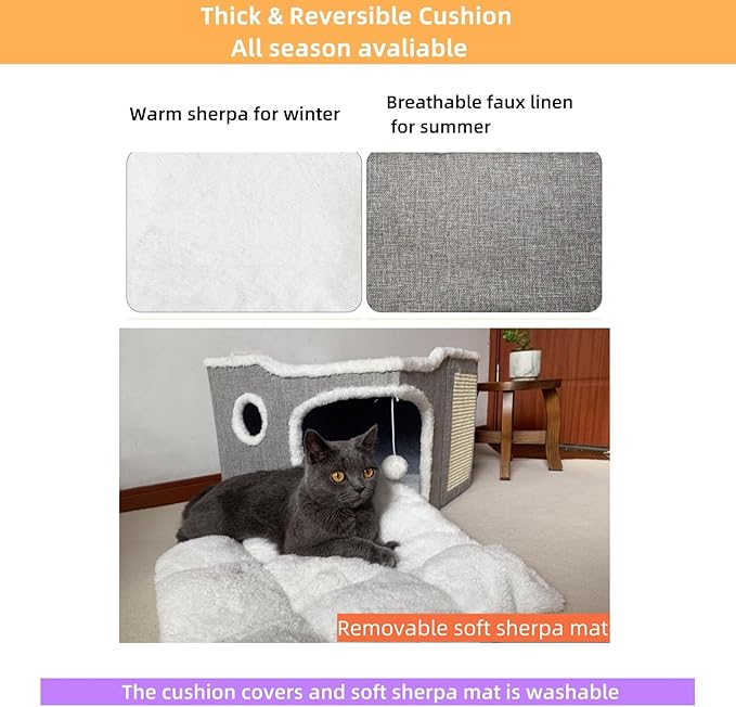 Cat Bed for Indoor Cats,Covered Cat Cave House & Furniture with Scratch Pad,Foldable Cat Hideaway Hut Cute Cat Condo with Soft Washable Mat for Multi Small Pet Under 30 lbs,Light Grey